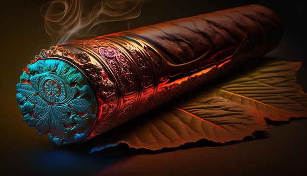 Eine Nahaufnahme einer kubanischen Zigarre mit atmosphärischer Rauchbeleuchtung und einem generativen Ai im Hintergrund