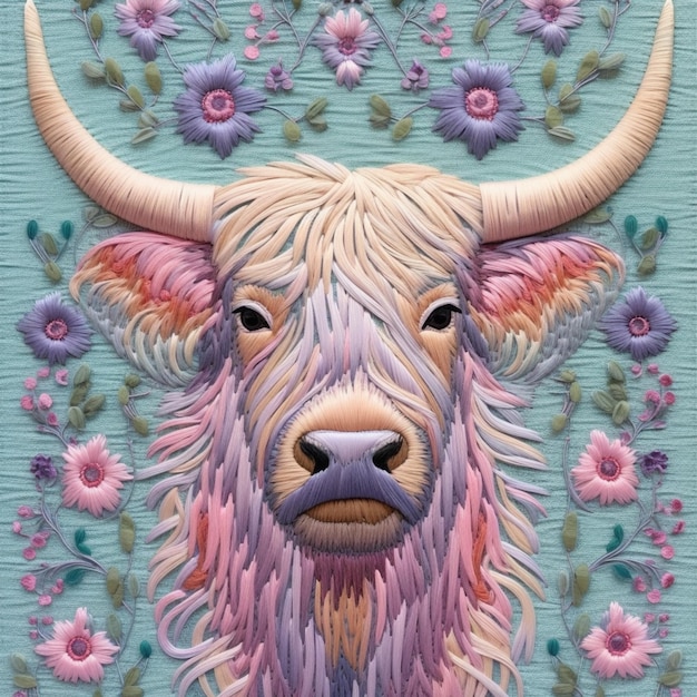 eine Nahaufnahme einer Kuh mit langen Hörnern und Blumen auf einem blauen Hintergrund