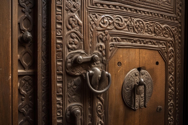 Eine Nahaufnahme einer kunstvoll geschnitzten Holztür mit Schlüsselloch und Griff, erstellt mit generativer KI