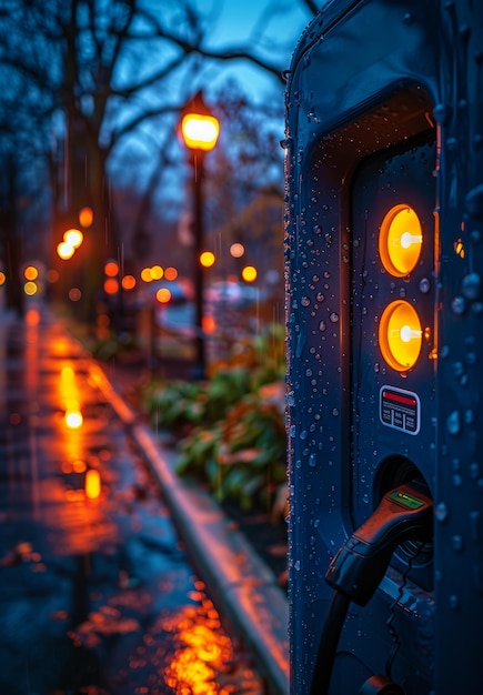 Eine Nahaufnahme einer Ladestation für Elektrofahrzeuge am Abend mit Regentropfen auf der Außenseite und sanfter Straßenbeleuchtung, die eine gemütliche Atmosphäre erzeugt