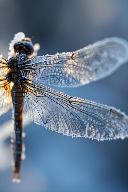 eine Nahaufnahme einer Libelle mit Frost an den Flügeln