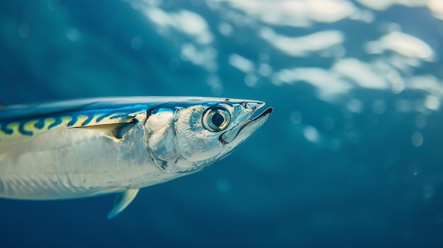 Foto eine nahaufnahme einer makrele, die im tiefen blauen ozean schwimmt. der fisch ist im fokus, der hintergrund ist verschwommen.