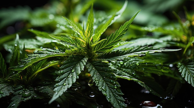 Eine Nahaufnahme einer Marihuanapflanze mit Wassertropfen darauf. KI-Bild