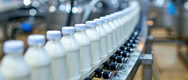 Eine Nahaufnahme einer Milchproduktionslinie mit einer Reihe von Milchflaschen