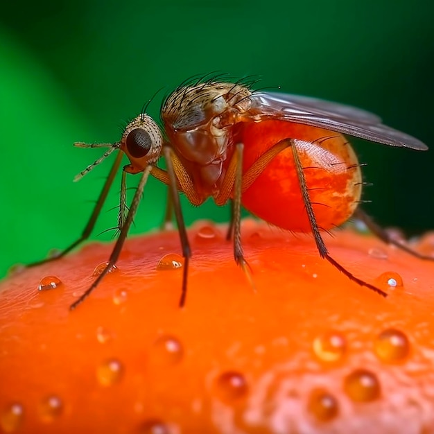 Eine Nahaufnahme einer Mücken, die auf einem Holztisch sitzt und ihren schlanken Körper zeigt