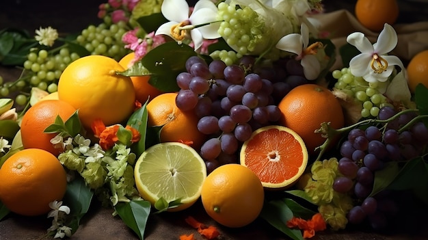 Eine Nahaufnahme einer Obst- und Blumenfotografie, realistische Zitronen, Orange, Limetten, Jasmin, Trauben
