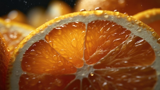 Eine Nahaufnahme einer Orange mit dem Fruchtfleisch in der Mitte