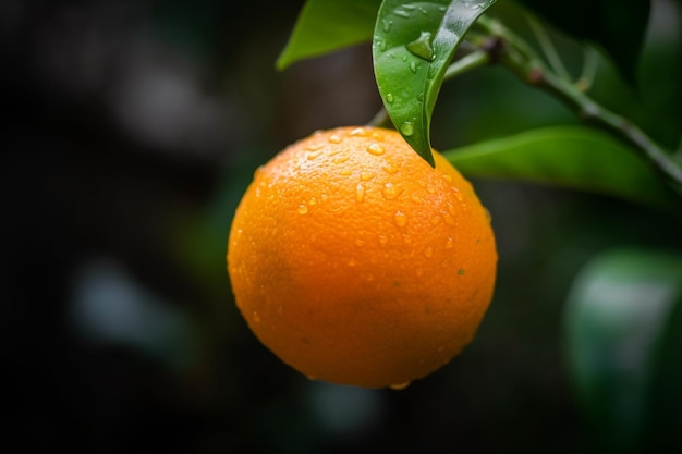 Eine Nahaufnahme einer Orange mit Wassertröpfchen darauf