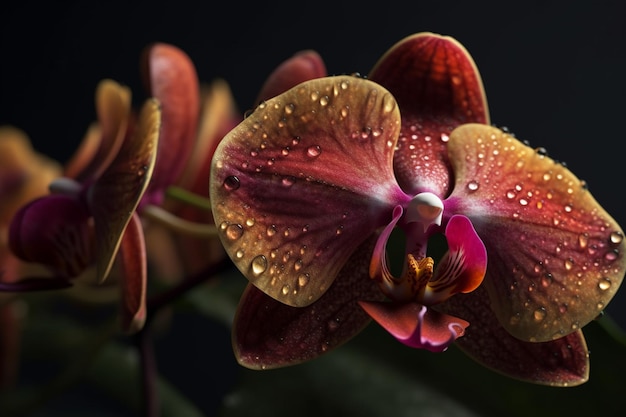 Eine Nahaufnahme einer Orchideenblüte mit Wassertröpfchen darauf