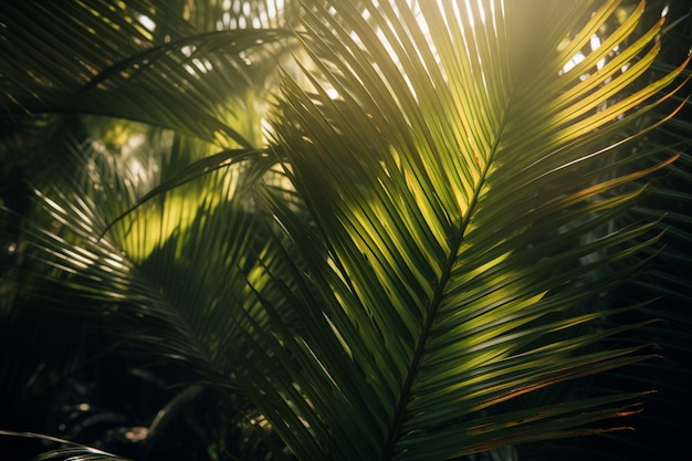 Eine Nahaufnahme einer Palme, durch deren Blätter die Sonne scheint