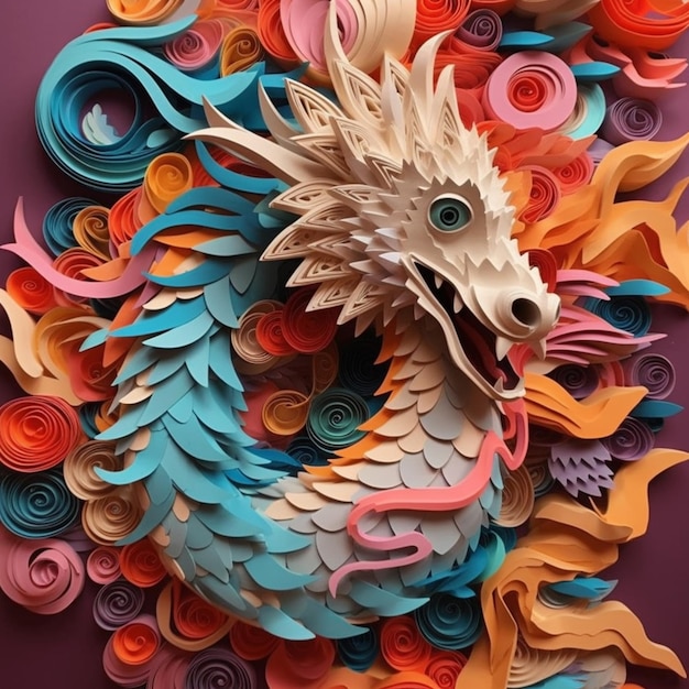 Eine Nahaufnahme einer Papierskulptur eines Drachen, umgeben von bunten Papierblumen, generative KI