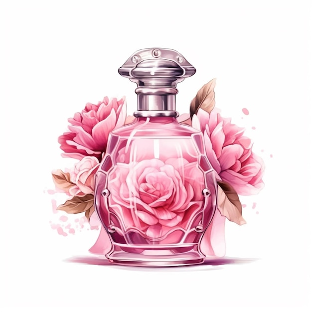 Eine Nahaufnahme einer Parfümflasche mit Blumen auf weißem Hintergrund, generative KI