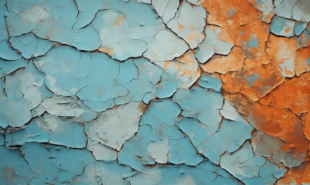 Eine Nahaufnahme einer Peeling-Farbe an einer Wand mit orangefarbenem und blaufarbenem generativen Ai