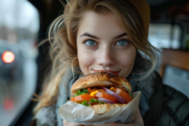 Foto eine nahaufnahme einer person, die ein sandwich isst