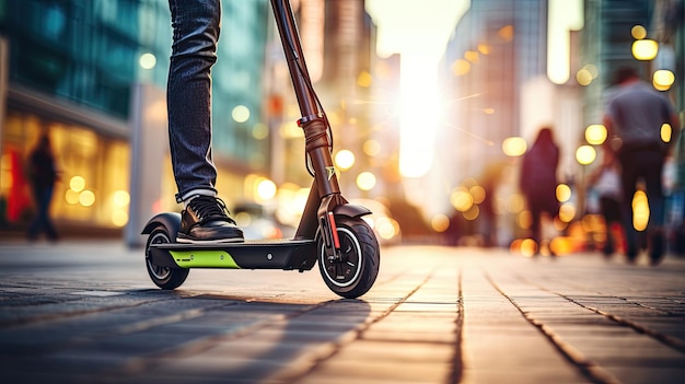 Eine Nahaufnahme einer Person, die mitten auf einer städtischen Straße einen umweltfreundlichen E-Scooter fährt