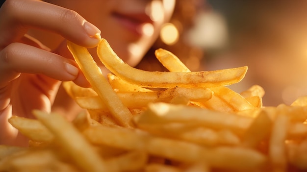 Eine Nahaufnahme einer Person, die Pommes isst, ganz nah am Mund