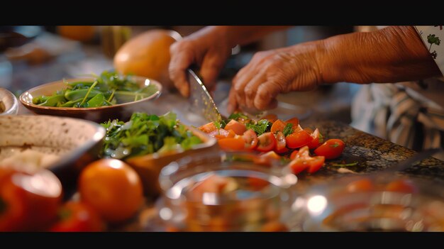 Foto eine nahaufnahme einer person, die tomaten auf einem holzschnittbrett hackt. die person trägt eine schürze und benutzt ein scharfes messer.