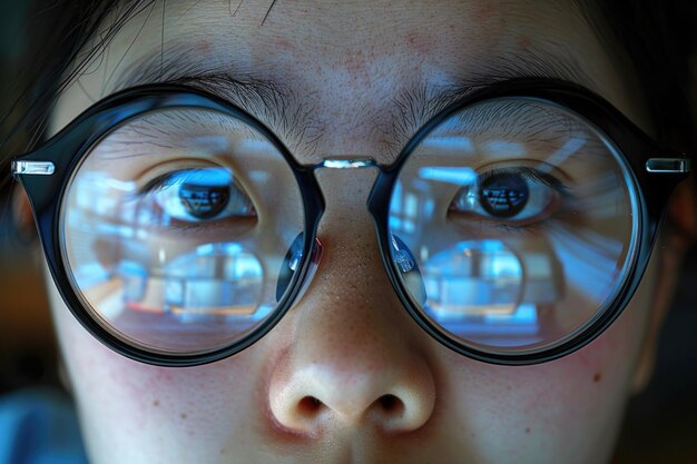 Foto eine nahaufnahme einer person mit einer brille, die komplizierte details und reflexionen in den linsen zeigt