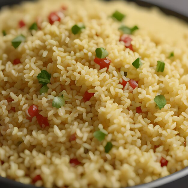 Foto eine nahaufnahme einer pfanne reis mit roten paprika und roten paprikaschoten