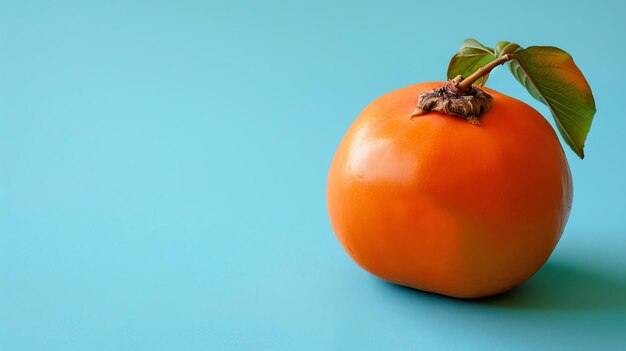 Eine Nahaufnahme einer reifen Persimmon mit grünen Blättern auf blauem Hintergrund Die Persimmon ist perfekt rund und hat eine glatte orangefarbene Haut