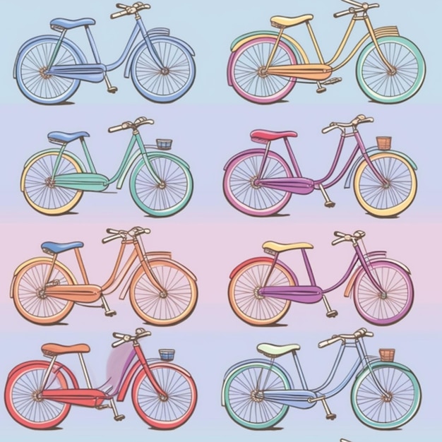 Eine Nahaufnahme einer Reihe von Fahrrädern auf einem blauen und rosafarbenen Hintergrund. Generative KI