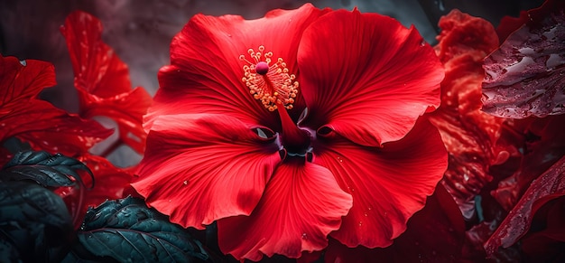 Eine Nahaufnahme einer roten Hibiskusblüte im Stil von Joel Robison