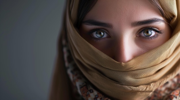 Eine Nahaufnahme einer ruhigen Frau aus dem Nahen Osten im Hijab