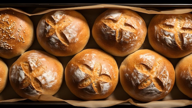 eine Nahaufnahme einer Schachtel Brötchen mit Sesamkörnern Generative KI