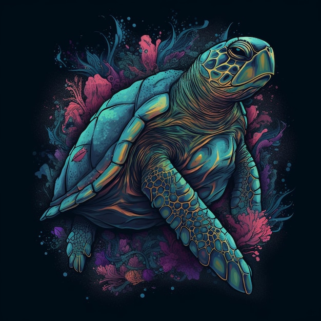 Eine Nahaufnahme einer Schildkröte mit einem Blumenmuster auf dem Rücken. Generative KI