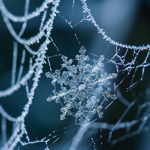 eine Nahaufnahme einer Schneeflocke auf einem Spinnenweb