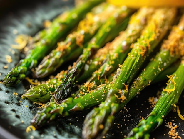 Eine Nahaufnahme einer schön angeordneten Schüssel frischer Spargel auf einem weißen Teller