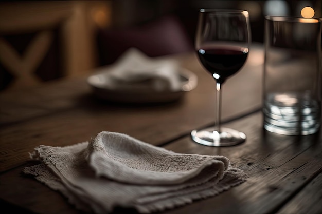 Eine Nahaufnahme einer Serviette auf einem Holztisch mit einem Glas Rotwein im Hintergrund