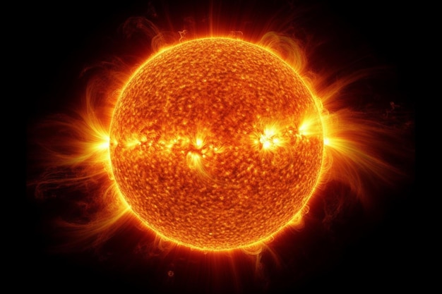 Eine Nahaufnahme einer Sonne mit schwarzem Hintergrund und generativer KI