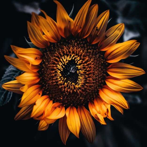 Eine Nahaufnahme einer Sonnenblume auf schwarzem Hintergrund, generatives KI-Bild