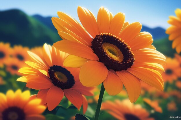 Eine Nahaufnahme einer Sonnenblume mit der Sonne im Hintergrund