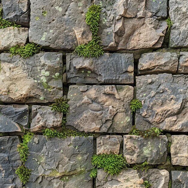 eine Nahaufnahme einer Steinmauer, auf der Moos wächst