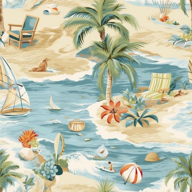 Eine Nahaufnahme einer Strandszene mit Palmen und Stühlen