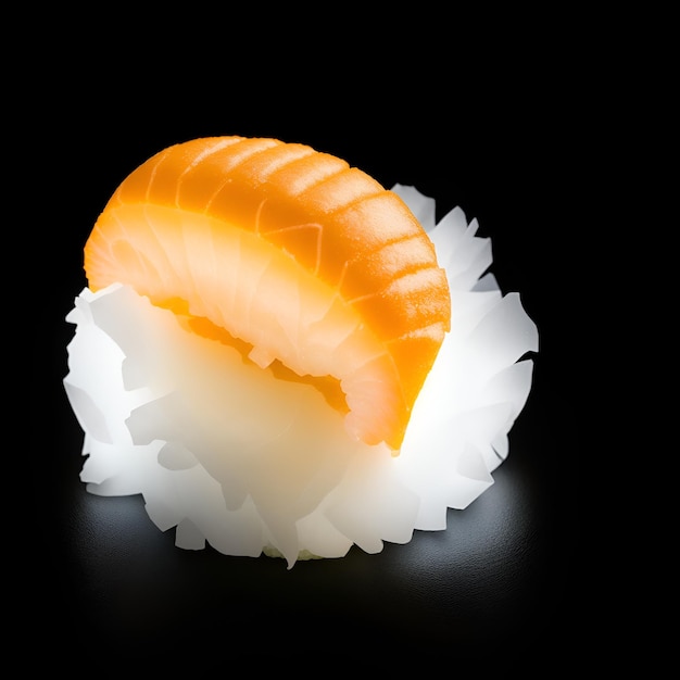 Eine Nahaufnahme einer Sushi-Rolle, beleuchtet von einer einzelnen Lichtquelle