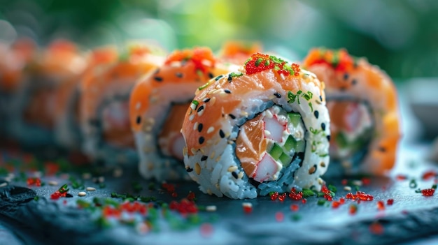 Eine Nahaufnahme einer Sushi-Rolle mit Lachs und anderen Zutaten ai