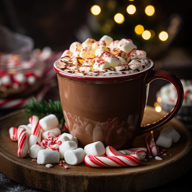 Eine Nahaufnahme einer Tasse heißen Kakaos mit Marshmallows und einer Zuckerstange