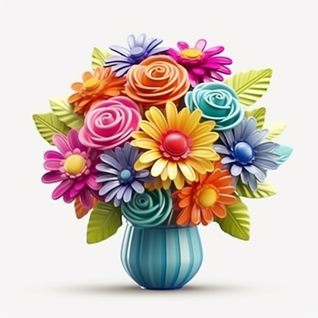 Eine Nahaufnahme einer Vase mit Blumen auf weißem Hintergrund, generative KI