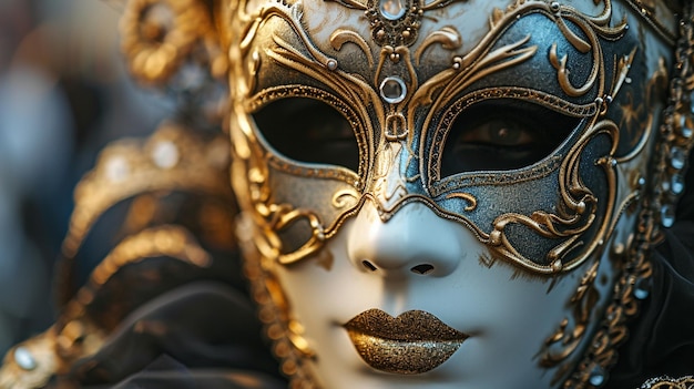 Eine Nahaufnahme einer venezianischen Maske mit goldenen Details, die die luxuriösen und königlichen Elemente der