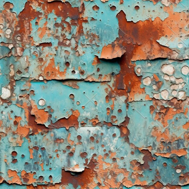 Eine Nahaufnahme einer verrosteten Metalloberfläche mit einer generativen blauen und orangefarbenen Farbe
