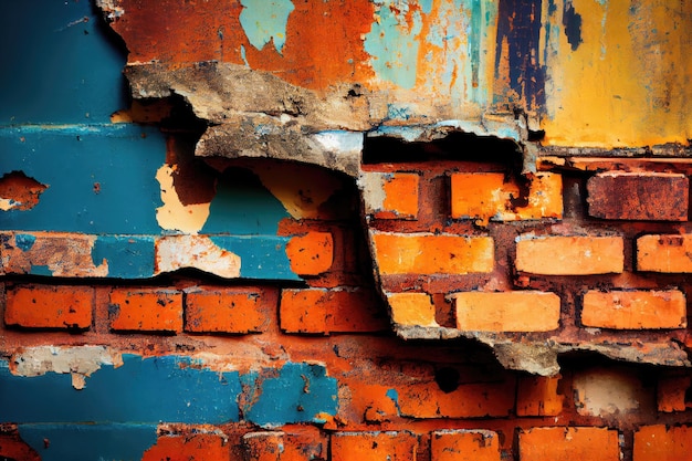 Eine Nahaufnahme einer verwitterten industriellen Backsteinmauer mit abblätternder Farbe und Rost