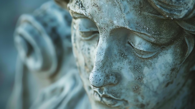 Foto eine nahaufnahme einer verwitterten marmorstatue einer jungen frau die statue hat einen ruhigen gesichtsausdruck und schaut nach unten