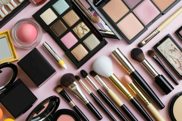 eine Nahaufnahme einer Vielzahl von Make-up-Bürsten und Make-Up-Pudern generative ai