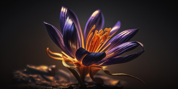 Eine Nahaufnahme einer violetten Blume mit gelben Staubgefäßen generativer KI