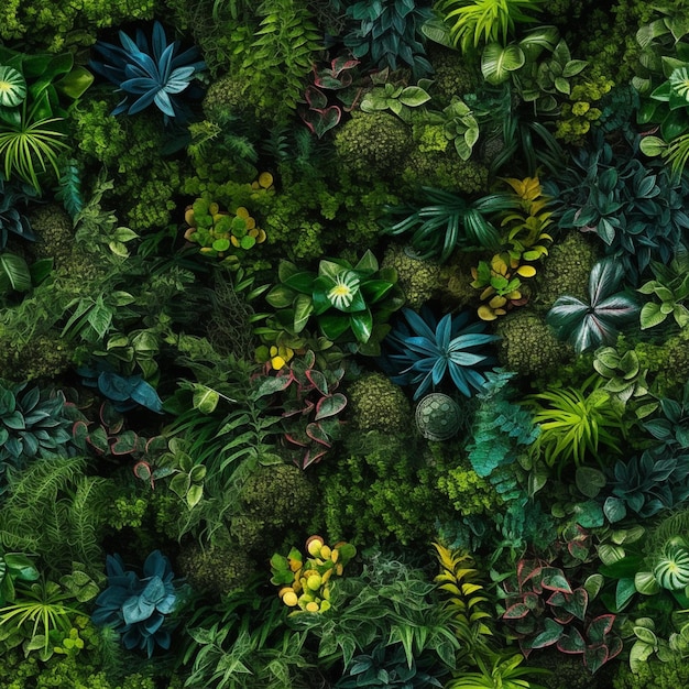 eine Nahaufnahme einer Wand aus Pflanzen und Blumen mit grünem Hintergrund, generativer KI