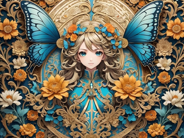 eine Nahaufnahme einer Wand mit Blumen und einem Schmetterling komplizierte verzierte Anime-Mädchen CGI-Stil