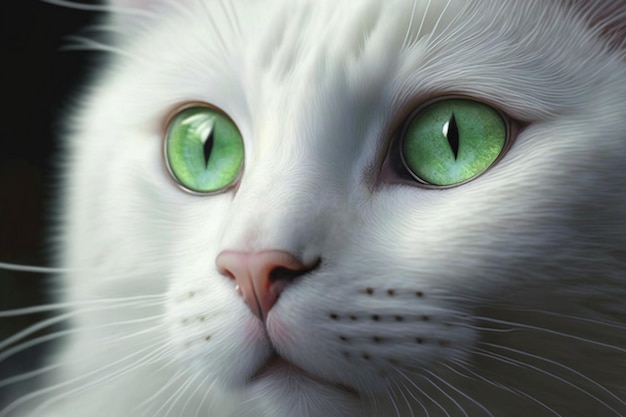 Eine Nahaufnahme einer weißen Katze mit schimmernden grünen Augen Generative KI